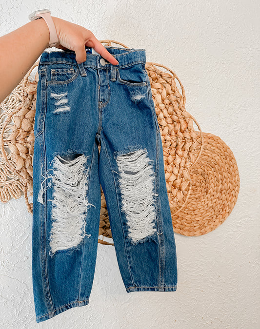 Dark wash (mystery) barrel jeans